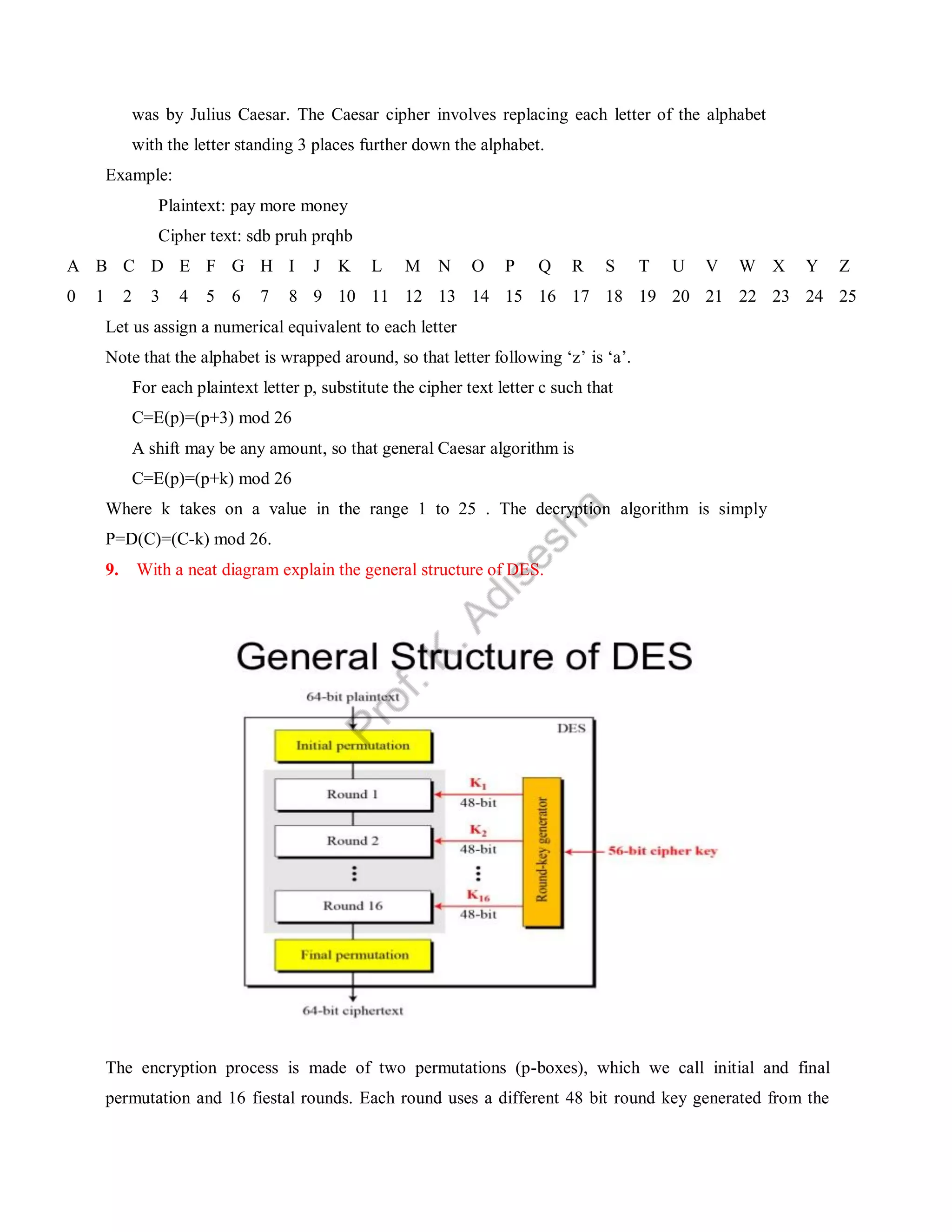 was by Julius Caesar. The Caesar cipher involves replacing each letter of the alphabet
with the letter standing 3 places further down the alphabet.
Example:
Plaintext: pay more money
Cipher text: sdb pruh prqhb
A B C D E F G H I J K L M N O P Q R S T U V W X Y Z
0 1 2 3 4 5 6 7 8 9 10 11 12 13 14 15 16 17 18 19 20 21 22 23 24 25
Let us assign a numerical equivalent to each letter
Note that the alphabet is wrapped around, so that letter following ‘z’ is ‘a’.
For each plaintext letter p, substitute the cipher text letter c such that
C=E(p)=(p+3) mod 26
A shift may be any amount, so that general Caesar algorithm is
C=E(p)=(p+k) mod 26
Where k takes on a value in the range 1 to 25 . The decryption algorithm is simply
P=D(C)=(C-k) mod 26.
9. With a neat diagram explain the general structure of DES.
The encryption process is made of two permutations (p-boxes), which we call initial and final
permutation and 16 fiestal rounds. Each round uses a different 48 bit round key generated from the
 