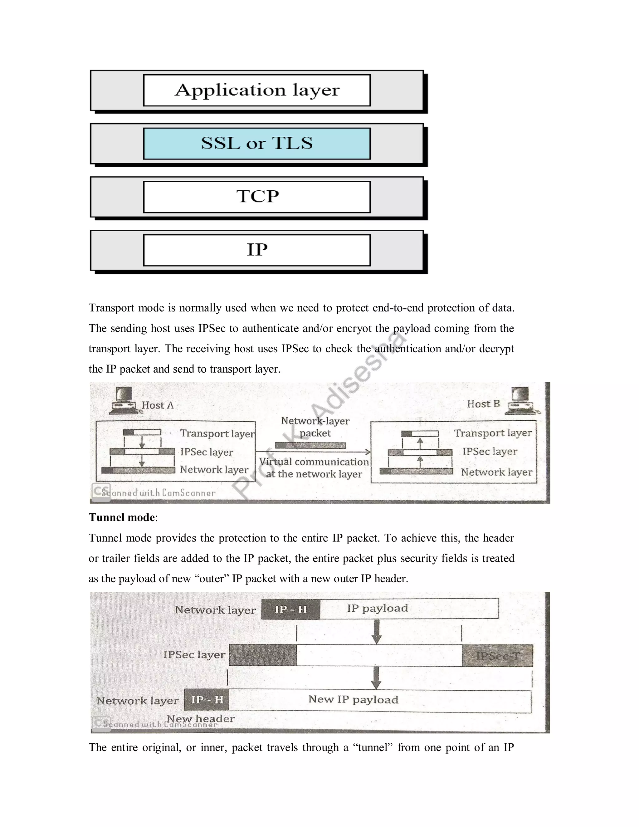 Transport mode is normally used when we need to protect end-to-end protection of data.
The sending host uses IPSec to authenticate and/or encryot the payload coming from the
transport layer. The receiving host uses IPSec to check the authentication and/or decrypt
the IP packet and send to transport layer.
Tunnel mode:
Tunnel mode provides the protection to the entire IP packet. To achieve this, the header
or trailer fields are added to the IP packet, the entire packet plus security fields is treated
as the payload of new “outer” IP packet with a new outer IP header.
The entire original, or inner, packet travels through a “tunnel” from one point of an IP
 