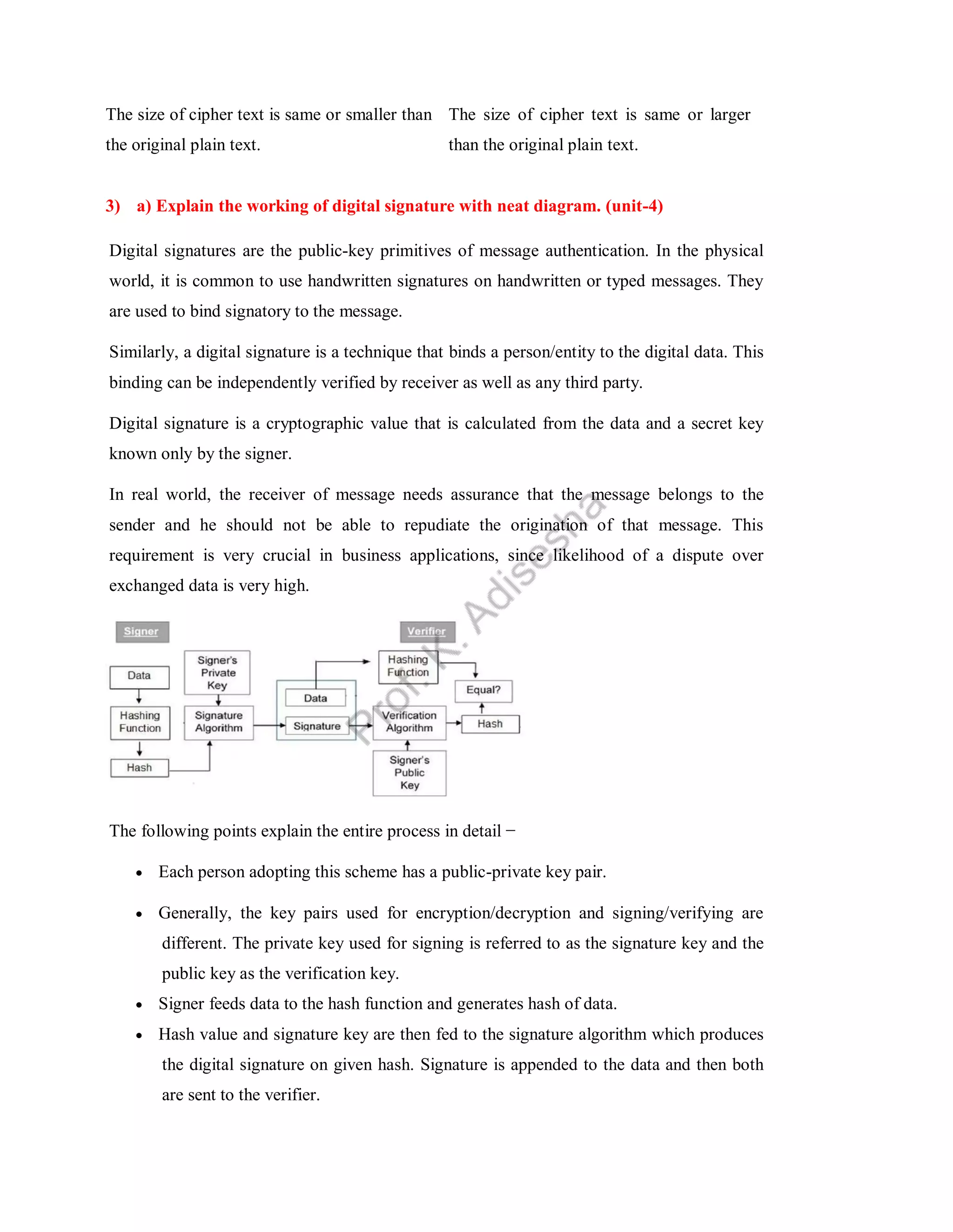 The size of cipher text is same or smaller than
the original plain text.
The size of cipher text is same or larger
than the original plain text.
3) a) Explain the working of digital signature with neat diagram. (unit-4)
Digital signatures are the public-key primitives of message authentication. In the physical
world, it is common to use handwritten signatures on handwritten or typed messages. They
are used to bind signatory to the message.
Similarly, a digital signature is a technique that binds a person/entity to the digital data. This
binding can be independently verified by receiver as well as any third party.
Digital signature is a cryptographic value that is calculated from the data and a secret key
known only by the signer.
In real world, the receiver of message needs assurance that the message belongs to the
sender and he should not be able to repudiate the origination of that message. This
requirement is very crucial in business applications, since likelihood of a dispute over
exchanged data is very high.
The following points explain the entire process in detail −
 Each person adopting this scheme has a public-private key pair.
 Generally, the key pairs used for encryption/decryption and signing/verifying are
different. The private key used for signing is referred to as the signature key and the
public key as the verification key.
 Signer feeds data to the hash function and generates hash of data.
 Hash value and signature key are then fed to the signature algorithm which produces
the digital signature on given hash. Signature is appended to the data and then both
are sent to the verifier.
 