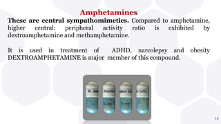 Amphetamines
These are central sympathomimetics. Compared to amphetamine,
higher central: peripheral activity ratio is exhibited by
dextroamphetamine and methamphetamine.
It is used in treatment of ADHD, narcolepsy and obesity
DEXTROAMPHETAMINE is major member of this compound.
14
 