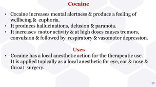 Cocaine
20
• Cocaine increases mental alertness & produce a feeling of
wellbeing & euphoria.
• It produces hallucinations, delusion & paranoia.
• It increases motor activity & at high doses causes tremors,
convulsion & followed by respiratory & vasomotor depression.
Uses
• Cocaine has a local anesthetic action for the therapeutic use.
It is applied topically as a local anesthetic for eye, ear & nose &
throat surgery.
 