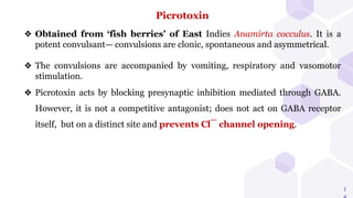 1
Picrotoxin
❖ Obtained from ‘fish berries’ of East Indies Anamirta cocculus. It is a
potent convulsant— convulsions are clonic, spontaneous and asymmetrical.
❖ The convulsions are accompanied by vomiting, respiratory and vasomotor
stimulation.
❖ Picrotoxin acts by blocking presynaptic inhibition mediated through GABA.
However, it is not a competitive antagonist; does not act on GABA receptor
itself, but on a distinct site and prevents Cl¯ channel opening.
 