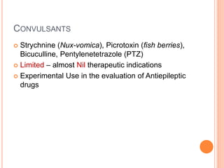 Convulsants
– Strychnine (Nux-vomica), Picrotoxin (fish berries), Bicuculline,
Pentylenetetrazole (PTZ)
– Limited – almost Nil therapeutic indications
– Experimental Use in the evaluation of Antiepileptic drugs
 