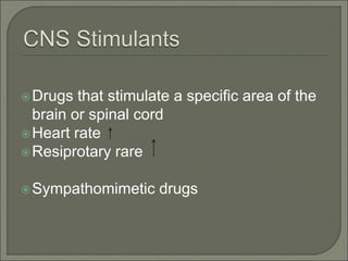 Drugs that stimulate a specific area of the
brain or spinal cord
Heart rate
Resiprotary rare
Sympathomimetic drugs
 