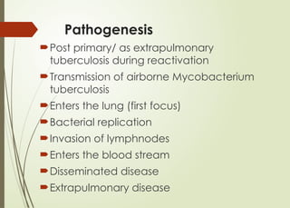 Pathogenesis
Post primary/ as extrapulmonary
tuberculosis during reactivation
Transmission of airborne Mycobacterium
tuberculosis
Enters the lung (first focus)
Bacterial replication
Invasion of lymphnodes
Enters the blood stream
Disseminated disease
Extrapulmonary disease
 