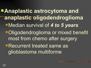 Anaplastic astrocytoma and anaplastic oligodendroglioma Median survival of  4 to 5 years Oligodendroglioma or mixed benefit most from chemo after surgery Recurrent treated same as glioblastoma multiforme 