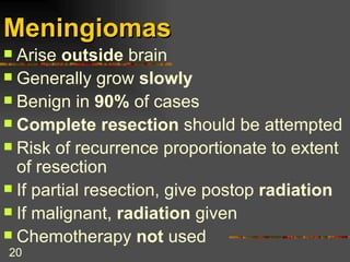 Meningiomas   Arise  outside  brain Generally grow  slowly Benign in  90%  of cases Complete resection  should be attempted Risk of recurrence proportionate to extent of resection If partial resection, give postop  radiation If malignant,  radiation  given Chemotherapy  not  used  