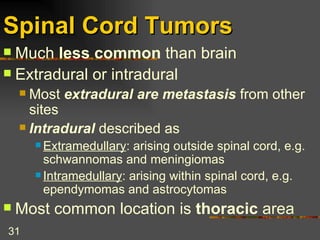 Spinal Cord Tumors Much  less common  than brain Extradural or intradural Most  extradural are metastasis  from other sites Intradural  described as Extramedullary : arising outside spinal cord, e.g. schwannomas and meningiomas Intramedullary : arising within spinal cord, e.g. ependymomas and astrocytomas Most common location is  thoracic  area 