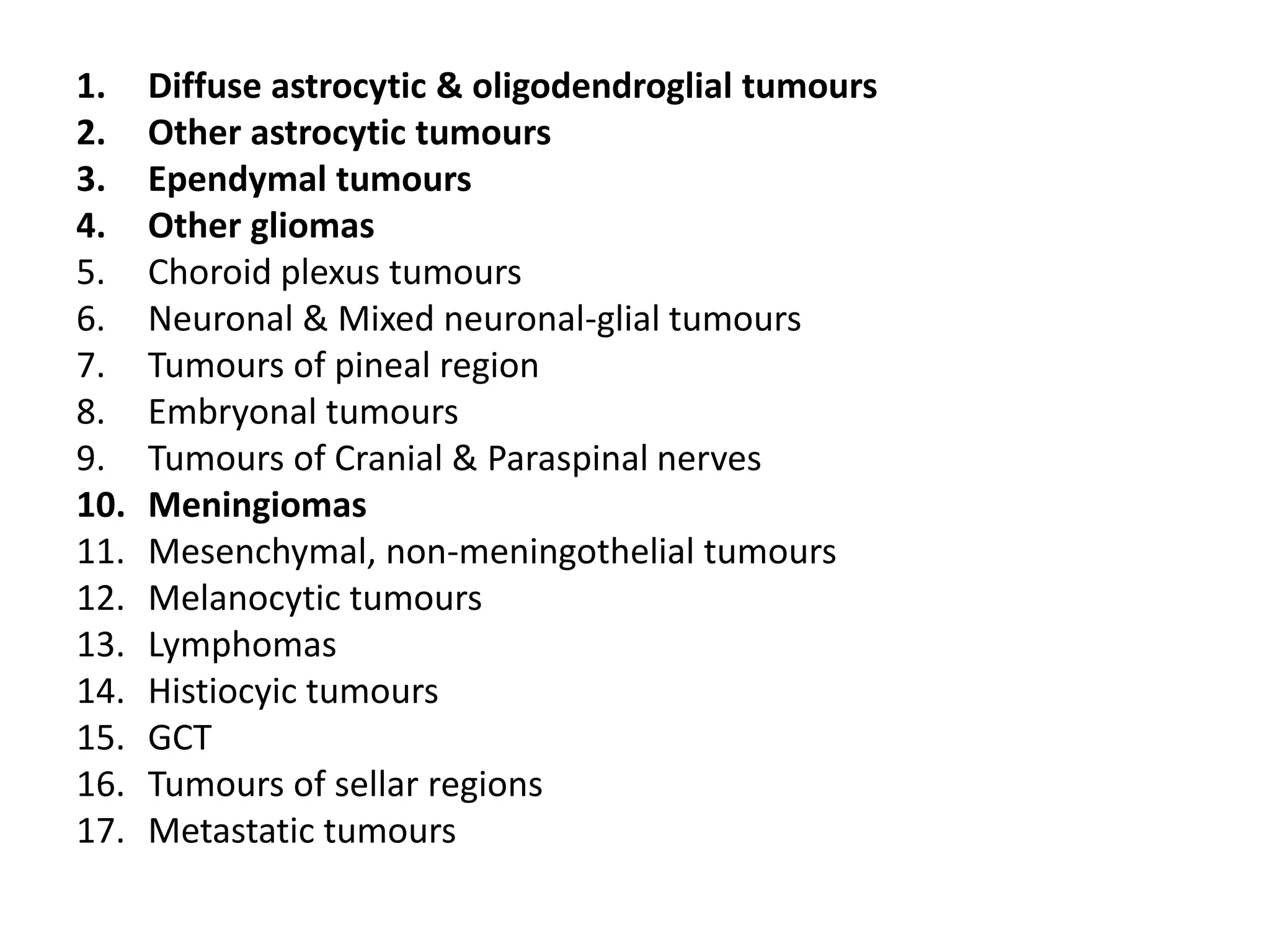 1. Diffuse astrocytic & oligodendroglial tumours
2. Other astrocytic tumours
3. Ependymal tumours
4. Other gliomas
5. Choroid plexus tumours
6. Neuronal & Mixed neuronal-glial tumours
7. Tumours of pineal region
8. Embryonal tumours
9. Tumours of Cranial & Paraspinal nerves
10. Meningiomas
11. Mesenchymal, non-meningothelial tumours
12. Melanocytic tumours
13. Lymphomas
14. Histiocyic tumours
15. GCT
16. Tumours of sellar regions
17. Metastatic tumours