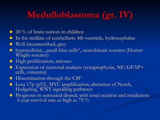 Medulloblastoma (gr. IV) 20 % of brain tumors in children In the midline of cerebellum; 4th ventricle, hydrocephalus Well circumscribed, grey  hypercellular, „small blue cells“, neuroblastic rosettes (Homer Wright rosettes) High proliferation, mitoses Expression of neuronal markers (synaptophysin, NF; GFAP+ cells, vimentin) Dissemination through the CSF Loss 17p (p53), MYC amplification; alteration of Notch, Hedgehog, WNT signalling pathways Prognosis in untreated dismal; with total excision and irradiation:  5-year survival rate as high as 75 % 