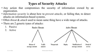 Types of Security Attacks
• Any action that compromises the security of information owned by an
organization.
• Information security is about how to prevent attacks, or failing that, to detect
attacks on information-based systems.
• Often threat & attack used to mean same thing have a wide range of attacks.
• There are 2 generic types of attacks:
1. Passive
2. Active
12-11-2022 Nuthanakanti Bhaskar 10
 