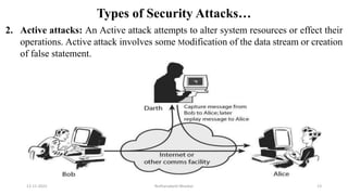 Types of Security Attacks…
2. Active attacks: An Active attack attempts to alter system resources or effect their
operations. Active attack involves some Modification of the data stream or creation
of false statement.
12-11-2022 Nuthanakanti Bhaskar 13
 