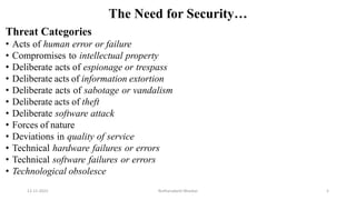 The Need for Security…
Threat Categories
• Acts of human error or failure
• Compromises to intellectual property
• Deliberate acts of espionage or trespass
• Deliberate acts of information extortion
• Deliberate acts of sabotage or vandalism
• Deliberate acts of theft
• Deliberate software attack
• Forces of nature
• Deviations in quality of service
• Technical hardware failures or errors
• Technical software failures or errors
• Technological obsolesce
12-11-2022 Nuthanakanti Bhaskar 5
 