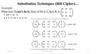 Substitution Techniques (Hill Cipher)…
Example:
Plain text: I can’t do it, Size of M is 3, Key K is
12-11-2022 Nuthanakanti Bhaskar 62
 