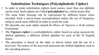 Substitution Techniques (Polyalphabetic Cipher)
• In order to make substitution ciphers more secure, more than one alphabet
can be used. Such ciphers are Called polyalphabet i.e., which means that.
• The same letter message can be represented by different letters when
encoded. Such a one-to-many correspondence makes the use of frequency
analysis much more difficult in order to crack the code.
• We describe one such cipher named for Blaise de Vigenere a 16-th century
Frenchman.
• The Vigenere cipher is a polyalphabetic cipher based on using successively
shifted alphabets, a different shifted alphabet for each of the 26 English
letters.
• The procedure is based on the table as shown below and the use of a
keyword. The letters of the keyword determine the shifted alphabets used in
the encoding process.
12-11-2022 Nuthanakanti Bhaskar 63
 