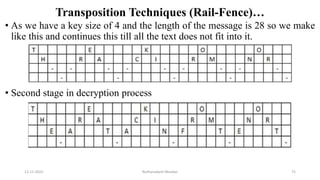 Transposition Techniques (Rail-Fence)…
• As we have a key size of 4 and the length of the message is 28 so we make
like this and continues this till all the text does not fit into it.
• Second stage in decryption process
12-11-2022 Nuthanakanti Bhaskar 75
 