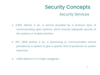 Security Concepts
➢ X.800 defines it as: a service provided by a protocol layer of
communicating open systems, which ensures adequate security of
the systems or of data transfers.
➢ RFC 2828 defines it as: a processing or communication service
provided by a system to give a specific kind of protection to system
resources.
➢ X.800 defines it in 5 major categories
Security Services
11
 