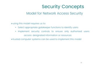 Security Concepts
➢using this model requires us to:
• Select appropriate gatekeeper functions to identify users
• Implement security controls to ensure only authorised users
access designated information or resources
➢trusted computer systems can be used to implement this model
Model for Network Access Security
18
 