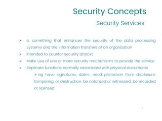 Security Concepts
➢ Is something that enhances the security of the data processing
systems and the information transfers of an organization
➢ Intended to counter security attacks
➢ Make use of one or more security mechanisms to provide the service
➢ Replicate functions normally associated with physical documents
➢ eg have signatures, dates; need protection from disclosure,
tampering, or destruction; be notarized or witnessed; be recorded
or licensed
Security Services
7
 