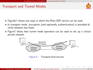 Encapsulating Security Payload(ESP) Encapsulating Security Payload
Transport and Tunnel Modes
Figure6,7 shows two ways in which the IPsec ESP service can be used.
In transport mode, encryption (and optionally authentication) is provided di-
rectly between two hosts.
Figure7 shows how tunnel mode operation can be used to set up a virtual
private network.
Figure 6 : Transport-level security
Dr. S.Thamizharasan, Associate Professor/ECE EC E14-Cryptography and Network Security 28 / 74
 