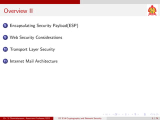 Overview II
8 Encapsulating Security Payload(ESP)
9 Web Security Considerations
10 Transport Layer Security
11 Internet Mail Architecture
Dr. S.Thamizharasan, Associate Professor/ECE EC E14-Cryptography and Network Security 3 / 74
 