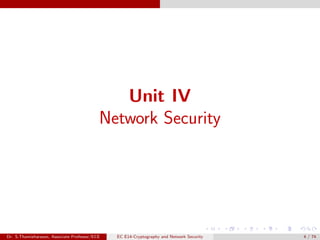 Unit IV
Network Security
Dr. S.Thamizharasan, Associate Professor/ECE EC E14-Cryptography and Network Security 4 / 74
 