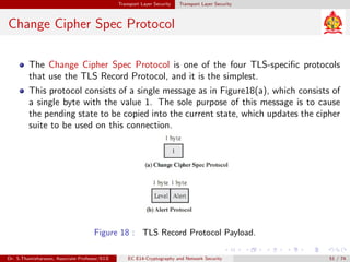 Transport Layer Security Transport Layer Security
Change Cipher Spec Protocol
The Change Cipher Spec Protocol is one of the four TLS-specific protocols
that use the TLS Record Protocol, and it is the simplest.
This protocol consists of a single message as in Figure18(a), which consists of
a single byte with the value 1. The sole purpose of this message is to cause
the pending state to be copied into the current state, which updates the cipher
suite to be used on this connection.
Figure 18 : TLS Record Protocol Payload.
Dr. S.Thamizharasan, Associate Professor/ECE EC E14-Cryptography and Network Security 51 / 74
 