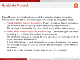 Transport Layer Security Transport Layer Security
Handshake Protocol
Figure21 shows the initial exchange needed to establish a logical connection
between client and server. The exchange can be viewed as having four phases:
Phase1 Establish Security Capabilities: Phase 1 initiates a logical connection
and establishes the security capabilities that will be associated with it.
The exchange is initiated by the client, which sends a client hello message.
Phase2 Server Authentication and Key Exchange: The server begins this phase
by sending its certificate if it needs to be authenticated.
The certificate message is required for any agreed-on key exchange method
except anonymous DiffieHellman.
If fixed DiffieHellman is used, this certificate message functions as the servers
key exchange message because it contains the servers public Diffie Hellman
parameters.
Next, a server key exchange message may be sent if it is required.
Dr. S.Thamizharasan, Associate Professor/ECE EC E14-Cryptography and Network Security 58 / 74
 