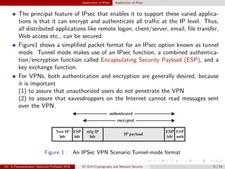 Application of IPsec Application of IPsec
The principal feature of IPsec that enables it to support these varied applica-
tions is that it can encrypt and authenticate all traffic at the IP level. Thus,
all distributed applications like remote logon, client/server, email, file transfer,
Web access etc., can be secured.
Figure1 shows a simplified packet format for an IPsec option known as tunnel
mode. Tunnel mode makes use of an IPsec function, a combined authentica-
tion/encryption function called Encapsulating Security Payload (ESP), and a
key exchange function.
For VPNs, both authentication and encryption are generally desired, because
it is important
(1) to assure that unauthorized users do not penetrate the VPN
(2) to assure that eavesdroppers on the Internet cannot read messages sent
over the VPN.
Figure 1 : An IPSec VPN Scenario:Tunnel-mode format
Dr. S.Thamizharasan, Associate Professor/ECE EC E14-Cryptography and Network Security 9 / 74
 