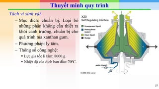 Thuyết minh quy trình
27
Tách vi sinh vật
‒ Mục đích: chuẩn bị. Loại bỏ
những phần không cần thiết ra
khỏi canh trường, chuẩn bị cho
quá trinh tủa xanthan gum.
‒ Phương pháp: ly tâm.
‒ Thông số công nghệ:
 Lực gia tốc li tâm: 8000.g
 Nhiệt độ của dịch ban đầu: 700C.
 