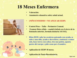 18 Meses Enfermera
•
•

Valoración:
Anamnesis exhaustiva sobre salud actual.

•

(NIÑO ENFERMO = NO APLICAR EEDP)

•
•

Control Peso – Talla – Perímetro Craneal.
Examen físico céfalo – caudal (énfasis en el cierre de la
fontanela anterior, formula dentaria 141/141).

•

Hitos DSM: sube las escaleras gateando con ayuda, se
sube a una silla, ayuda a desvestirse, comienza a comer
solo, hace torres con cubos, tira una pelota, apunta
partes del cuerpo y pide cosas por el nombre.

•

Aplicación de EEDP 18 meses.

•

Aplicación de Pauta Bucodentaria.

 