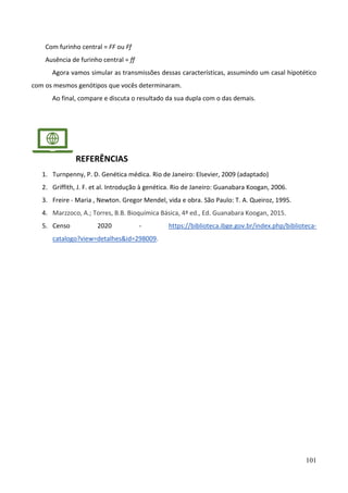 101
Com furinho central = FF ou Ff
Ausência de furinho central = ff
Agora vamos simular as transmissões dessas características, assumindo um casal hipotético
com os mesmos genótipos que vocês determinaram.
Ao final, compare e discuta o resultado da sua dupla com o das demais.
REFERÊNCIAS
1. Turnpenny, P. D. Genética médica. Rio de Janeiro: Elsevier, 2009 (adaptado)
2. Griffith, J. F. et al. Introdução à genética. Rio de Janeiro: Guanabara Koogan, 2006.
3. Freire - Maria , Newton. Gregor Mendel, vida e obra. São Paulo: T. A. Queiroz, 1995.
4. Marzzoco, A.; Torres, B.B. Bioquímica Básica, 4ª ed., Ed. Guanabara Koogan, 2015.
5. Censo 2020 - https://biblioteca.ibge.gov.br/index.php/biblioteca-
catalogo?view=detalhes&id=298009.
 