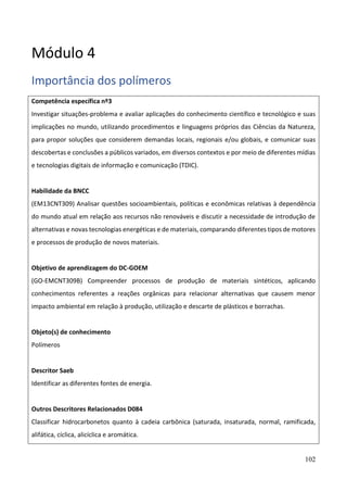 102
Módulo 4
Importância dos polímeros
Competência específica nº3
Investigar situações-problema e avaliar aplicações do conhecimento científico e tecnológico e suas
implicações no mundo, utilizando procedimentos e linguagens próprios das Ciências da Natureza,
para propor soluções que considerem demandas locais, regionais e/ou globais, e comunicar suas
descobertas e conclusões a públicos variados, em diversos contextos e por meio de diferentes mídias
e tecnologias digitais de informação e comunicação (TDIC).
Habilidade da BNCC
(EM13CNT309) Analisar questões socioambientais, políticas e econômicas relativas à dependência
do mundo atual em relação aos recursos não renováveis e discutir a necessidade de introdução de
alternativas e novas tecnologias energéticas e de materiais, comparando diferentes tipos de motores
e processos de produção de novos materiais.
Objetivo de aprendizagem do DC-GOEM
(GO-EMCNT309B) Compreender processos de produção de materiais sintéticos, aplicando
conhecimentos referentes a reações orgânicas para relacionar alternativas que causem menor
impacto ambiental em relação à produção, utilização e descarte de plásticos e borrachas.
Objeto(s) de conhecimento
Polímeros
Descritor Saeb
Identificar as diferentes fontes de energia.
Outros Descritores Relacionados D084
Classificar hidrocarbonetos quanto à cadeia carbônica (saturada, insaturada, normal, ramificada,
alifática, cíclica, alicíclica e aromática.
 