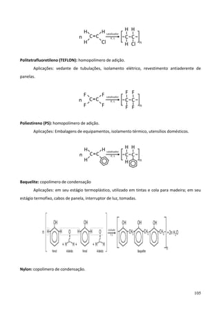 105
Politetrafluoretileno (TEFLON): homopolímero de adição.
Aplicações: vedante de tubulações, isolamento elétrico, revestimento antiaderente de
panelas.
Poliestireno (PS): homopolímero de adição.
Aplicações: Embalagens de equipamentos, isolamento térmico, utensílios domésticos.
Baquelite: copolímero de condensação
Aplicações: em seu estágio termoplástico, utilizado em tintas e cola para madeira; em seu
estágio termofixo, cabos de panela, interruptor de luz, tomadas.
Nylon: copolímero de condensação.
 
