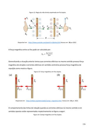126
Figura 12: Regra da mão direita espalmada em fio duplos.
Disponível em: https://www.youtube.com/watch?v=Q4zXsvL5Vi4 Acesso em: 18.jun.2022
A força magnética entre os fios pode ser calculada por:
𝐹𝑚 =
𝜇0. 𝑖1𝑖2.𝐿
2𝜋𝑟
Generalizando a situação anterior temos que correntes elétricas no mesmo sentido provoca força
magnética de atração e correntes elétricas em sentidos contrários provoca força magnética de
repulção como mostra a figura.
Figura 13: Força magnética em fios duplos.
Disponível em: https://villate.org/eletricidade/campo_magnetico.html Acesso em: 18 jun. 2022.
O comportamento das linhas de indução quando as correntes elétricas no mesmo sentido e em
sentidos opostos estão representadas respectivamente na figura a seguir.
Figura 14: Campo magnético em fios duplos.
 
