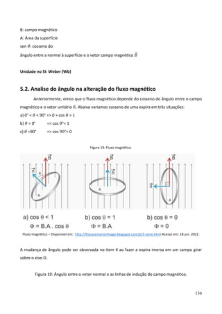 136
B: campo magnético
A: Área da superfície
sen 𝜃: cosseno do
ângulo entre a normal à superfície e o vetor campo magnético 𝐵
⃗
Unidade no SI: Weber (Wb)
5.2. Analise do ângulo na alteração do fluxo magnético
Anteriormente, vimos que o fluxo magnético depende do cosseno do ângulo entre o campo
magnético e o vetor unitário 𝑛
⃗ . Abaixo variamos cosseno de uma expira em três situações:
a) 0° < 𝜃 < 90° => 0 > cos 𝜃 > 1
b) 𝜃 = 0° => cos 0°= 1
c) 𝜃 =90° => cos 90°= 0
Figura 19: Fluxo magnético.
Fluxo magnético – Disponível em: http://fisicacemarizinhogpi.blogspot.com/p/3-serie.html Acesso em: 18 jun. 2022.
A mudança de ângulo pode ser observada no item 4 ao fazer a expira imersa em um campo girar
sobre o eixo O.
Figura 19: Ângulo entre o vetor normal e as linhas de indução do campo magnético.
 