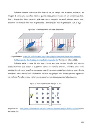138
Podemos observar duas superfícies imersas em um campo com a mesma inclinação. Na
imagem 1, temos uma superfície maior do que na área 2, ambas imersas em um campo magnético.
Em 1, temos duas linhas passando pela área escura, enquanto que em 2,b temos apenas uma.
Podemos concluir que em o fluxo magnético de 1 é maior que o fluxo magnético de 2 (∅1 > ∅2).
Figura 21: Fluxo magnético em áreas diferentes.
1) 2)
Disponível em: https://pt.khanacademy.org/science/physics/magnetic-forces-and-magnetic-
fields/magnetic-flux-faradays-law/a/what-is-magnetic-flux Acesso em: 18 jun. 2022.
Podemos variar a área de uma outra forma em uma mesma situação sem termos
necessariamente que trocar as superfícies como no exemplo anterior. Considere uma barra
deslocando sobre uma superfície com campo magnético, quanto mais a barra deslocar para a direita
maior será a área e maior será o número de linhas de indução passando nessa superfície, logo maior
será o fluxo. Perceberemos o efeito inverso caso a barra se desloque para o lado esquerdo.
Figura 22: Fluxo magnético com alteração da área.
Disponível em: https://www.natashaheasman.com/barra-condutora-em-campo-magn%C3%A9tico-uniforme Acesso
em: 18 jun.2022.
 