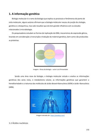 150
1. A informação genética
Biologia molecular é o ramo da biologia que explica os processos e fenômenos do ponto de
vista molecular, alguns autores afirmam que a biologia molecular nasceu da junção de citologia,
genética e a bioquímica, mas vale ressaltar que ela tem grande influência com os estudos
relacionados à microbiologia.
Os pesquisadores estudam as formas de replicação do DNA, mecanismos de expressão gênica,
levando em consideração a transcrição e tradução do material genético, bem como são produzidas
as proteínas.
Imagem - Áreas da biologia – autor Luiz Primandade
Sendo uma área nova da biologia, a biologia molecular estuda e analisa as informações
genéticas dos seres vivos, o metabolismo celular, as informações genéticas que garantem a
hereditariedade e a natureza das moléculas de ácido desoxirribonucleico (ADN) e ácido ribonucleico
(ARN).
Imagem extraída de: https://pixabay.com/
1.1 Ácidos nucleicos
 