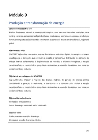 203
Módulo 9
Produção e transformação de energia
Competência específica nº3
Analisar fenômenos naturais e processos tecnológicos, com base nas interações e relações entre
matéria e energia, para propor ações individuais e coletivas que aperfeiçoem processos produtivos,
minimizem impactos socioambientais e melhorem as condições de vida em âmbito local, regional e
global.
Habilidade da BNCC
(EM13CNT106) Avaliar, com ou sem o uso de dispositivos e aplicativos digitais, tecnologias e possíveis
soluções para as demandas que envolvem a geração, o transporte, a distribuição e o consumo de
energia elétrica, considerando a disponibilidade de recursos, a eficiência energética, a relação
custo/benefício, as características geográficas e ambientais, a produção de resíduos e os impactos
socioambientais e culturais.
Objetivo de aprendizagem do DC-GOEM
(GO-EMCNT106E) Discutir a respeito das diversas matrizes de geração de energia elétrica
considerando a geração, o transporte, a distribuição e o consumo para avaliar a relação
custo/benefício, as características geográficas e ambientais, a produção de resíduos e os impactos
socioambientais e culturais.
Objeto(s) de conhecimento
Matrizes de energia elétrica
Fontes de energia renováveis e não renováveis
Descritor Saeb
Produção e transformação de energia.
Matrizes de geração de energia elétrica.
 