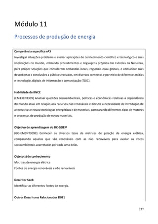237
Módulo 11
Processos de produção de energia
Competência específica nº3
Investigar situações-problema e avaliar aplicações do conhecimento científico e tecnológico e suas
implicações no mundo, utilizando procedimentos e linguagens próprios das Ciências da Natureza,
para propor soluções que considerem demandas locais, regionais e/ou globais, e comunicar suas
descobertas e conclusões a públicos variados, em diversos contextos e por meio de diferentes mídias
e tecnologias digitais de informação e comunicação (TDIC).
Habilidade da BNCC
(EM13CNT309) Analisar questões socioambientais, políticas e econômicas relativas à dependência
do mundo atual em relação aos recursos não renováveis e discutir a necessidade de introdução de
alternativas e novas tecnologias energéticas e de materiais, comparando diferentes tipos de motores
e processos de produção de novos materiais.
Objetivo de aprendizagem do DC-GOEM
(GO-EMCNT309C) Conhecer os diversos tipos de matrizes de geração de energia elétrica,
comparando aquelas que são renováveis com as não renováveis para avaliar os riscos
socioambientais acarretados por cada uma delas.
Objeto(s) de conhecimento
Matrizes de energia elétrica
Fontes de energia renováveis e não renováveis
Descritor Saeb
Identificar as diferentes fontes de energia.
Outros Descritores Relacionados D081
 