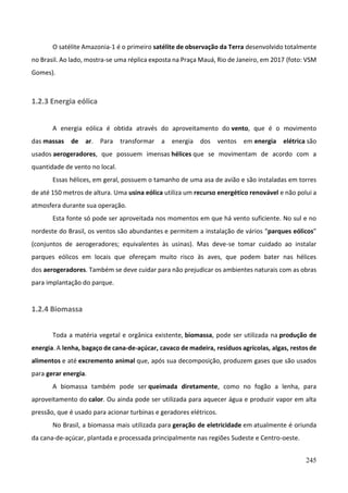245
O satélite Amazonia-1 é o primeiro satélite de observação da Terra desenvolvido totalmente
no Brasil. Ao lado, mostra-se uma réplica exposta na Praça Mauá, Rio de Janeiro, em 2017 (foto: VSM
Gomes).
1.2.3 Energia eólica
A energia eólica é obtida através do aproveitamento do vento, que é o movimento
das massas de ar. Para transformar a energia dos ventos em energia elétrica são
usados aerogeradores, que possuem imensas hélices que se movimentam de acordo com a
quantidade de vento no local.
Essas hélices, em geral, possuem o tamanho de uma asa de avião e são instaladas em torres
de até 150 metros de altura. Uma usina eólica utiliza um recurso energético renovável e não polui a
atmosfera durante sua operação.
Esta fonte só pode ser aproveitada nos momentos em que há vento suficiente. No sul e no
nordeste do Brasil, os ventos são abundantes e permitem a instalação de vários “parques eólicos”
(conjuntos de aerogeradores; equivalentes às usinas). Mas deve-se tomar cuidado ao instalar
parques eólicos em locais que ofereçam muito risco às aves, que podem bater nas hélices
dos aerogeradores. Também se deve cuidar para não prejudicar os ambientes naturais com as obras
para implantação do parque.
1.2.4 Biomassa
Toda a matéria vegetal e orgânica existente, biomassa, pode ser utilizada na produção de
energia. A lenha, bagaço de cana-de-açúcar, cavaco de madeira, resíduos agrícolas, algas, restos de
alimentos e até excremento animal que, após sua decomposição, produzem gases que são usados
para gerar energia.
A biomassa também pode ser queimada diretamente, como no fogão a lenha, para
aproveitamento do calor. Ou ainda pode ser utilizada para aquecer água e produzir vapor em alta
pressão, que é usado para acionar turbinas e geradores elétricos.
No Brasil, a biomassa mais utilizada para geração de eletricidade em atualmente é oriunda
da cana-de-açúcar, plantada e processada principalmente nas regiões Sudeste e Centro-oeste.
 