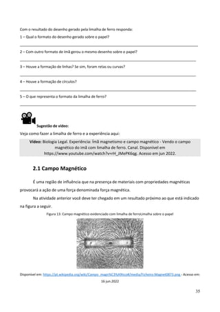 35
Com o resultado do desenho gerado pela limalha de ferro responda:
1 – Qual o formato do desenho gerado sobre o papel?
________________________________________________________________________________________
2 – Com outro formato de ímã gerou o mesmo desenho sobre o papel?
_______________________________________________________________________________________
3 – Houve a formação de linhas? Se sim, foram retas ou curvas?
_______________________________________________________________________________________
4 – Houve a formação de círculos?
_______________________________________________________________________________________
5 – O que representa o formato da limalha de ferro?
_______________________________________________________________________________________
Sugestão de vídeo:
Veja como fazer a limalha de ferro e a experiência aqui:
Vídeo: Biologia Legal. Experiência: Ímã magnetismo e campo magnético - Vendo o campo
magnético do imã com limalha de ferro. Canal. Disponível em
https://www.youtube.com/watch?v=rH_JMePK6qg. Acesso em jun 2022.
2.1 Campo Magnético
É uma região de influência que na presença de materiais com propriedades magnéticas
provocará a ação de uma força denominada força magnética.
Na atividade anterior você deve ter chegado em um resultado próximo ao que está indicado
na figura a seguir.
Figura 13: Campo magnético evidenciado com limalha de ferroLimalha sobre o papel
Disponível em: https://pt.wikipedia.org/wiki/Campo_magn%C3%A9tico#/media/Ficheiro:Magnet0873.png - Acesso em:
16 jun.2022
 