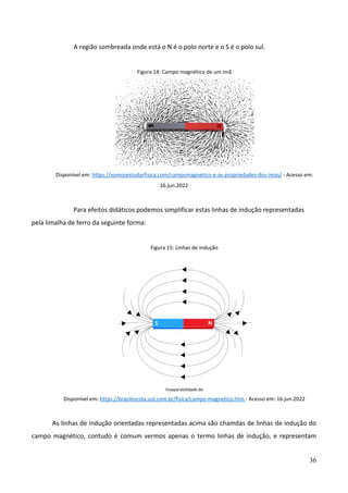 36
A região sombreada onde está o N é o polo norte e o S é o polo sul.
Figura 14: Campo magnético de um imã
Disponível em: https://vamosestudarfisica.com/campomagnetico-e-as-propriedades-dos-imas/ - Acesso em:
16.jun.2022
Para efeitos didáticos podemos simplificar estas linhas de indução representadas
pela limalha de ferro da seguinte forma:
Figura 15: Linhas de indução
Inseparabilidade do
Disponível em: https://brasilescola.uol.com.br/fisica/campo-magnetico.htm - Acesso em: 16.jun.2022
As linhas de indução orientadas representadas acima são chamdas de linhas de indução do
campo magnético, contudo é comum vermos apenas o termo linhas de indução, e representam
 
