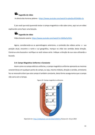 41
Sugestão de vídeo
A ciência das Auroras polares - https://www.youtube.com/watch?v=pbaQnuPS5AE&t=3s
E pra você que está querendo testar o campo magnético e não sabe como, aqui vai um vídeo
explicando como fazer uma bússola.
Sugestão de vídeo
Vídeo bússola caseira: https://www.youtube.com/watch?v=GKK6yFyYHGs
Agora, considerando-se as aprendizagens anteriores, o conteúdo dos vídeos acima e sua
posição atual, encontre o norte e sul geográfico, marque no chão tais sentidos desta direção.
Construa uma busssola e verifique se você estava certo. Indique a direção da sua casa utilizando a
bussola.
2.4. Campo Magnético Uniforme e Constante
Assim como no campo elétrico uniforme, o campo magnético uniforme apresenta as mesmas
características em qualquer ponto do campo, ou seja, mesmo módulo, direção e sentido, entretanto
faz-se necessário dizer que este campo é também constante, desta forma asseguramos que o campo
não varia com o tempo.
Figura 22: Campo magnético uniforeme.
Diponível em: https://slideplayer.com.br/slide/3195071/ Acesso em: 16 jun.2022
 