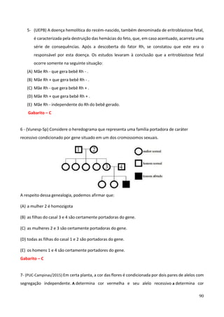 90
5- (UEPB) A doença hemolítica do recém-nascido, também denominada de eritroblastose fetal,
é caracterizada pela destruição das hemácias do feto, que, em caso acentuado, acarreta uma
série de consequências. Após a descoberta do fator Rh, se constatou que este era o
responsável por esta doença. Os estudos levaram à conclusão que a eritroblastose fetal
ocorre somente na seguinte situação:
(A) Mãe Rh - que gera bebê Rh - .
(B) Mãe Rh + que gera bebê Rh - .
(C) Mãe Rh - que gera bebê Rh + .
(D) Mãe Rh + que gera bebê Rh + .
(E) Mãe Rh - independente do Rh do bebê gerado.
Gabarito – C
6 - (Vunesp-Sp) Considere o heredograma que representa uma família portadora de caráter
recessivo condicionado por gene situado em um dos cromossomos sexuais.
A respeito dessa genealogia, podemos afirmar que:
(A) a mulher 2 é homozigota
(B) as filhas do casal 3 e 4 são certamente portadoras do gene.
(C) as mulheres 2 e 3 são certamente portadoras do gene.
(D) todas as filhas do casal 1 e 2 são portadoras do gene.
(E) os homens 1 e 4 são certamente portadores do gene.
Gabarito – C
7- (PUC-Campinas/2015) Em certa planta, a cor das flores é condicionada por dois pares de alelos com
segregação independente. A determina cor vermelha e seu alelo recessivo a determina cor
 