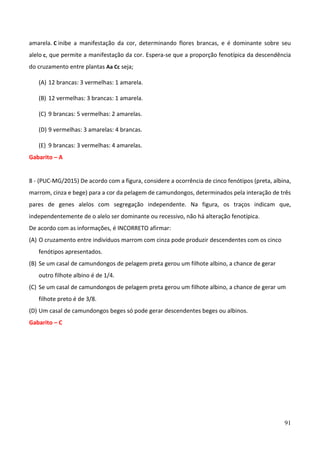 91
amarela. C inibe a manifestação da cor, determinando flores brancas, e é dominante sobre seu
alelo c, que permite a manifestação da cor. Espera-se que a proporção fenotípica da descendência
do cruzamento entre plantas Aa Cc seja;
(A) 12 brancas: 3 vermelhas: 1 amarela.
(B) 12 vermelhas: 3 brancas: 1 amarela.
(C) 9 brancas: 5 vermelhas: 2 amarelas.
(D) 9 vermelhas: 3 amarelas: 4 brancas.
(E) 9 brancas: 3 vermelhas: 4 amarelas.
Gabarito – A
8 - (PUC-MG/2015) De acordo com a figura, considere a ocorrência de cinco fenótipos (preta, albina,
marrom, cinza e bege) para a cor da pelagem de camundongos, determinados pela interação de três
pares de genes alelos com segregação independente. Na figura, os traços indicam que,
independentemente de o alelo ser dominante ou recessivo, não há alteração fenotípica.
De acordo com as informações, é INCORRETO afirmar:
(A) O cruzamento entre indivíduos marrom com cinza pode produzir descendentes com os cinco
fenótipos apresentados.
(B) Se um casal de camundongos de pelagem preta gerou um filhote albino, a chance de gerar
outro filhote albino é de 1/4.
(C) Se um casal de camundongos de pelagem preta gerou um filhote albino, a chance de gerar um
filhote preto é de 3/8.
(D) Um casal de camundongos beges só pode gerar descendentes beges ou albinos.
Gabarito – C
 