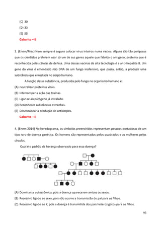93
(C) 30
(D) 33
(E) 55
Gabarito – B
3. (Enem/Mec) Nem sempre é seguro colocar vírus inteiros numa vacina. Alguns são tão perigosos
que os cientistas preferem usar só um de sus genes aquele que fabrica o antígeno, proteína que é
reconhecida pelas células de defesa. Uma dessas vacinas de alta tecnologia é a anti-hepatite B. Um
gene do vírus é emendado não DNA de um fungo inofensivo, que passa, então, a produzir uma
substância que é injetada no corpo humano.
A função dessa substância, produzida pelo fungo no organismo humano é:
(A) neutralizar proteínas virais.
(B) Interromper a ação das toxinas.
(C) Ligar-se ao patógeno já instalado.
(D) Reconhecer substâncias estranhas.
(E) Desencadear a produção de anticorpos.
Gabarito – E
4. (Enem 2014) No heredograma, os símbolos preenchidos representam pessoas portadoras de um
tipo raro de doença genética. Os homens são representados pelos quadrados e as mulheres pelos
círculos.
Qual é o padrão de herança observado para essa doença?
(A) Dominante autossômico, pois a doença aparece em ambos os sexos.
(B) Recessivo ligado ao sexo, pois não ocorre a transmissão do pai para os filhos.
(C) Recessivo ligado ao Y, pois a doença é transmitida dos pais heterozigotos para os filhos.
 