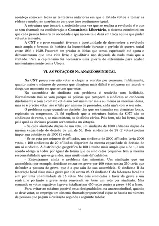 aconteça como em todas as tentativas anteriores em que o Estado voltou a tomar as 
rédeas e mudou as aparências para que tudo continuasse igual. 
A estrutura que tomará a sociedade uma vez que se realiza a revolução é o que 
se tem chamado na confederação o Comunismo Libertário, o sistema econômico em 
que cada pessoa tomará da sociedade o que necessita e dará em troca aquilo que puder 
voluntariamente. 
A CNT e o povo espanhol tiveram a oportunidade de desenvolver a revolução 
mais ampla e formosa da história da humanidade durante o período de guerra social 
entre 1936 e 1939. Puseram em prática as ideias que temos expressado até agora e 
demonstraram que uma vida livre e igualitária não depende de nada mais que a 
vontade. Para o capitalismo foi necessário uma guerra de extermínio para acabar 
momentaneamente com a Utopia. 
VI. AS VOTAÇÕES NA ANARCOSSINDICAL 
Na CNT procura­se 
não votar e chegar a acordos por consenso. Infelizmente, 
quanto maior o número de pessoas que discutem mais difícil é entrarem em acordo e 
chega um momento em que se tem que votar. 
Na assembleia de sindicato este problema é resolvido com facilidade. 
Normalmente não se vota porque as pessoas que compõem o sindicato se conhecem 
diretamente e com o contato cotidiano costumam ter mais ou menos as mesmas ideias, 
mas se é preciso votar isso é feito por número de presentes, cada um/a com o seu voto. 
O problema surge quando as decisões têm que ser tomadas em plenárias locais, 
regionais ou congressos. Já foi explicado que a estrutura básica da CNT são os 
sindicatos de ramo, e, se não existem, os de ofícios vários. Pois bem, não há forma justa 
pela qual as decisões possam ser tomadas em votação. 
­Se 
cada sindicato dispõe de um voto, um sindicato de 1000 afiliad@s dispõe da 
mesma capacidade de decisão de um de 50. Dois sindicatos de 25 (2 votos) podem 
impor sua opinião ao de 1000 (1 voto). 
­Se 
se vota por número de afiliad@s, um sindicato de 2000 afiliad@s teria 2000 
votos, e 100 sindicatos de 20 afiliad@s disporiam da mesma capacidade de decisão de 
um só sindicato. A distribuição geográfica de 100 é muito mais ampla que a de 1, e um 
acordo obriga a tod@s por igual de forma que os sindicatos pequenos têm a mesma 
responsabilidade que os grandes, mas muito mais dificuldades. 
­Encontramos 
ainda o problema das minorias. Um sindicato que em 
assembleia, por exemplo, decidisse entrar em greve por 400 votos contra 350 teria que 
defender a postura de greve, que é o que saiu de sua assembleia. O sindicato B da 
federação local disse não à greve por 100 contra 25. O sindicato C da federação local diz 
sim por uma unanimidade de 15 votos. São dois sindicatos a favor da greve e um 
contra, e portanto a greve seria convocada se fosse um voto por sindicato. Mas 
somando os votos negativos à greve, totalizariam 450 votos contra a greve 440 a favor. 
Para evitar ao máximo possível estas desigualdades, na anarcossindical, quando 
se deve votar, se emprega um sistema chamado proporcional e que se baseia no número 
de pessoas que pagam a cotização segundo a seguinte tabela: 
34 
 