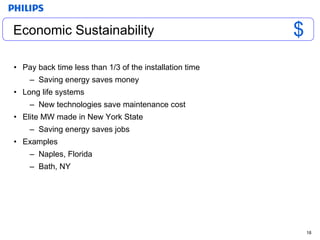 Pay back time less than 1/3 of the installation time Saving energy saves money Long life systems New technologies save maintenance cost Elite MW made in New York State Saving energy saves jobs Examples Naples, Florida Bath, NY White Light Economic Sustainability $ 