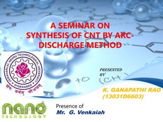 A SEMINAR ON
SYNTHESIS OF CNT BY ARC-
DISCHARGE METHOD
K. GANAPATHI RAO
(13031D6603)
Presented
By
Presence of
Mr. G. Venkaiah
 